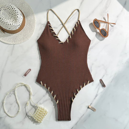 Damen Eleganter Strick-Badeanzug mit Schnürdetails EB
