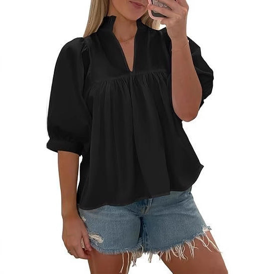 Damen elegante kurzärmlige Bluse mit Rüschendetails und lässigem Schnitt EB