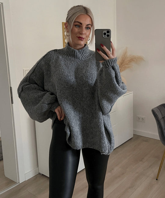 Damen lässiger Oversize Pullover mit hohen Ärmeln und unkonventionellem Schnitt EB