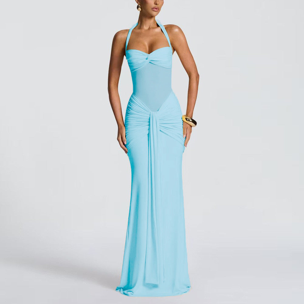 Damen Elegantes Maxikleid mit Tiefem Rückenausschnitt und Raffinierten Falten EB