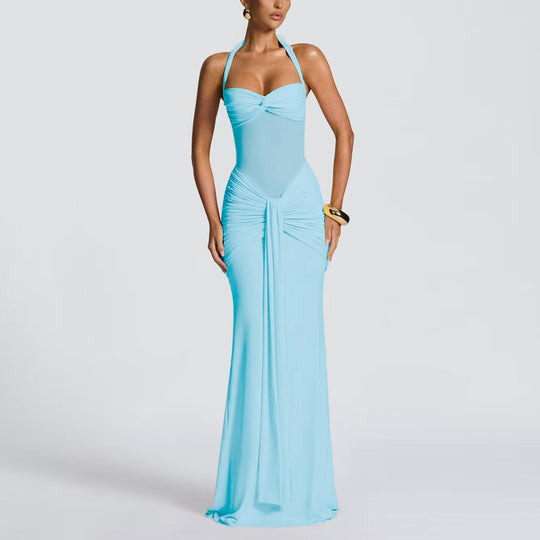 Damen Elegantes Maxikleid mit Tiefem Rückenausschnitt und Raffinierten Falten EB
