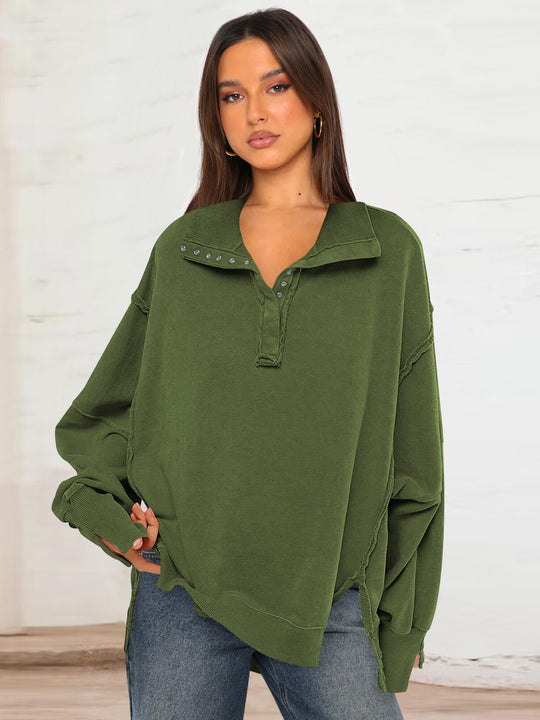 Damen Oversized Sweatshirt mit modischem Kragen und distressed Details EB