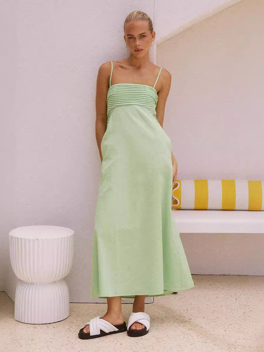 Damen sommerliches Maxikleid mit Raffungen und Spaghettiträgern EB
