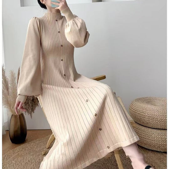 Damen Elegantes, gerippteres Knopfkleid mit langen Ärmeln EB