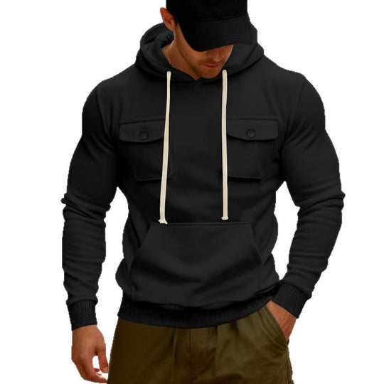 Herren Kapuzenpullover mit Brustklappentasche, Kängurutasche & Rippbündchen EB