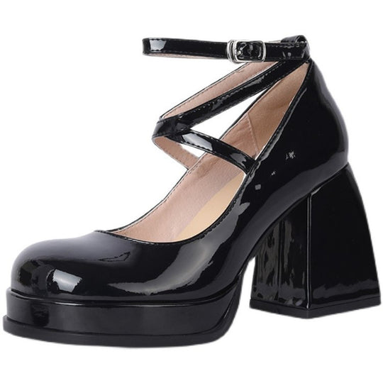Damen elegante Hochglanz-Pumps mit verstellbarem Riemen und stabiler Sohle EB