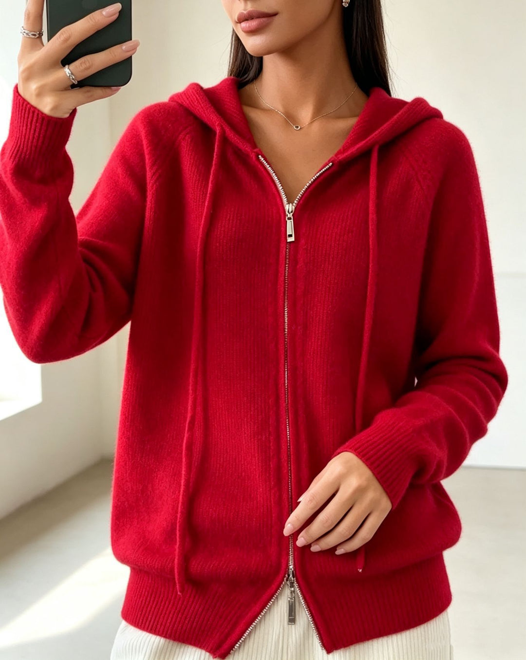 Damen Kapuzen-Cardigan mit Reißverschluss, feinem Feinstrick und gerippten Bündchen EB