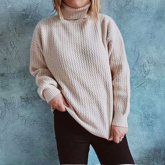 Damen Grobstrickpullover mit strukturiertem Muster und hohem Kragen EB