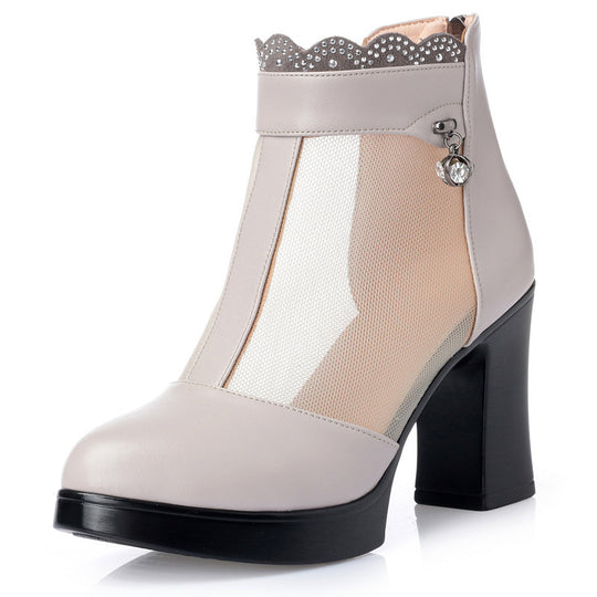 Damen Modische Peep-Toe Stiefeletten mit eleganter Mesh-Ansicht und hohem Blockabsatz EB