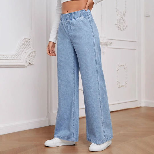 Damen Weite Jeanshose mit elastischem Bund und dekorativen Nähten EB