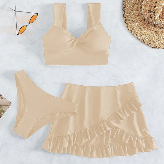 Damen Freizeit-Bikini-Set mit Wickelrock und stützenden Trägern EB