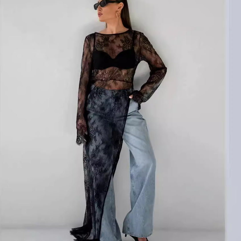 Damen transparente Spitzenbluse mit langen Ärmeln und lässigem Rückenausschnitt EB