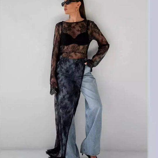 Damen transparente Spitzenbluse mit langen Ärmeln und lässigem Rückenausschnitt EB