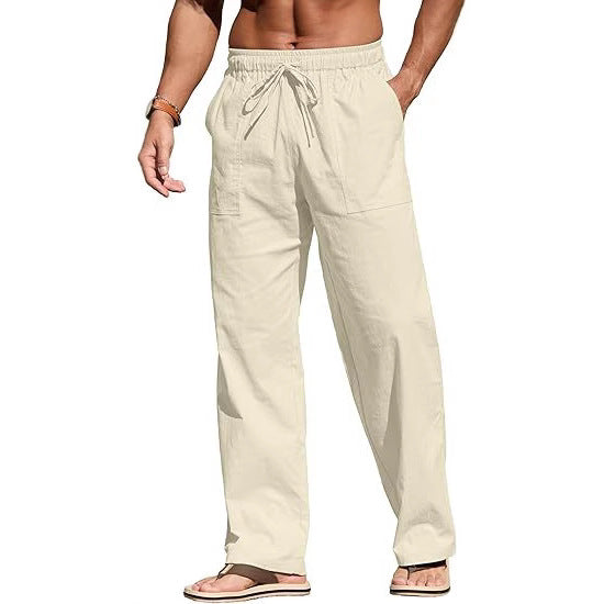 Herren nan leichte Leinenhose mit elastischem Bund, Kordelzug und aufgesetzten Taschen EB