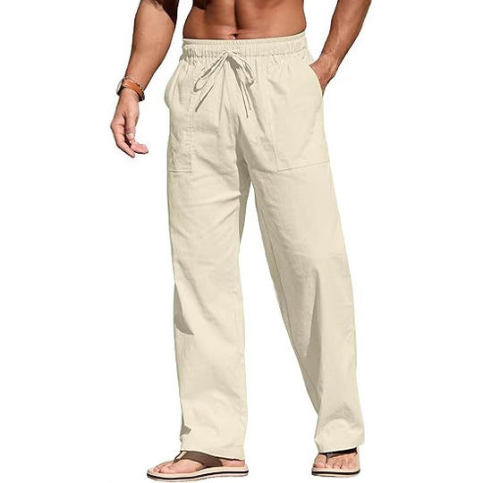 Herren nan leichte Leinenhose mit elastischem Bund, Kordelzug und aufgesetzten Taschen EB