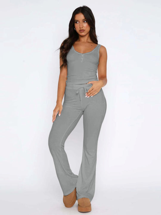 Damen lässiges Freizeit-Set mit kurzer Bluse und weiten Hosen EB