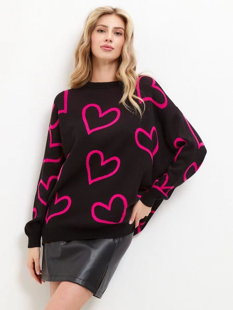 Damen lässiger Strickpullover mit Herzdesign und oversized Passform EB