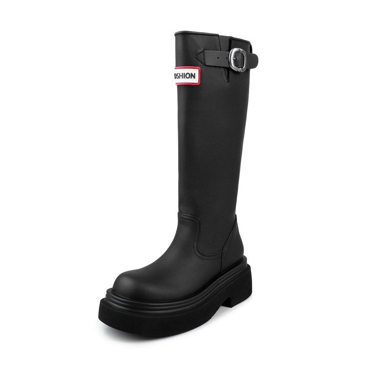Damen Hohe Stiefel mit modischer Schnalle und komfortablem Plateau EB