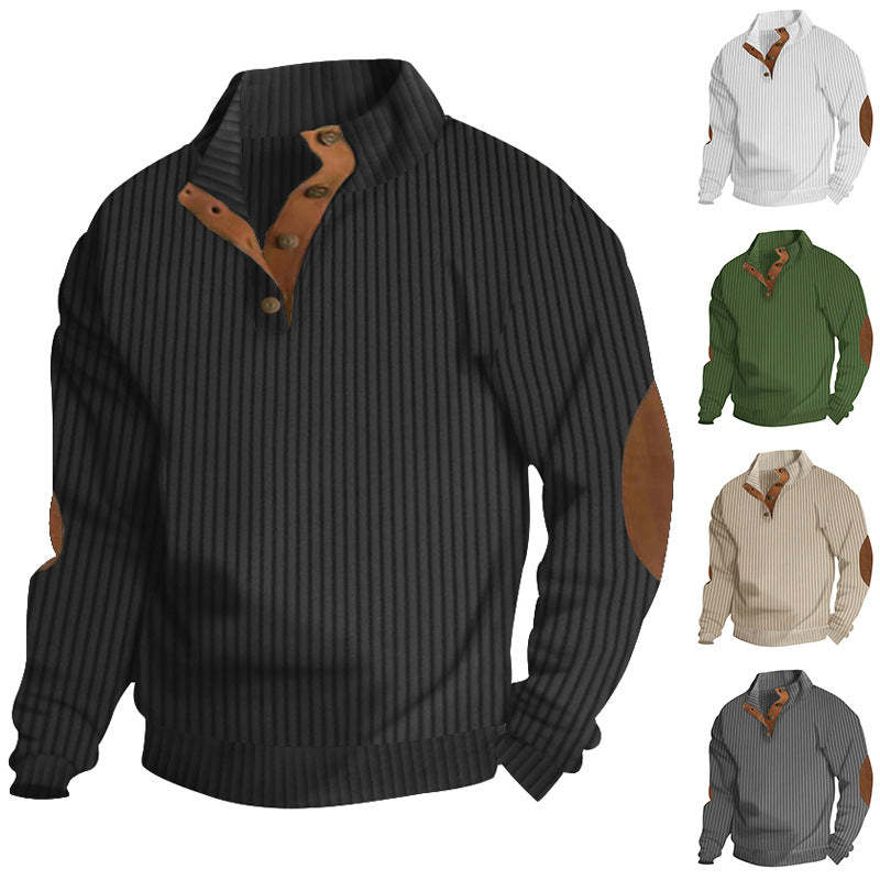 Herren nan strukturierter Ripp-Pullover mit kurzem Knopfkragen und Wildleder-Ellbogenpatches EB