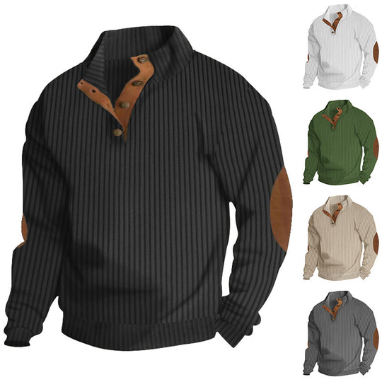 Herren nan strukturierter Ripp-Pullover mit kurzem Knopfkragen und Wildleder-Ellbogenpatches EB