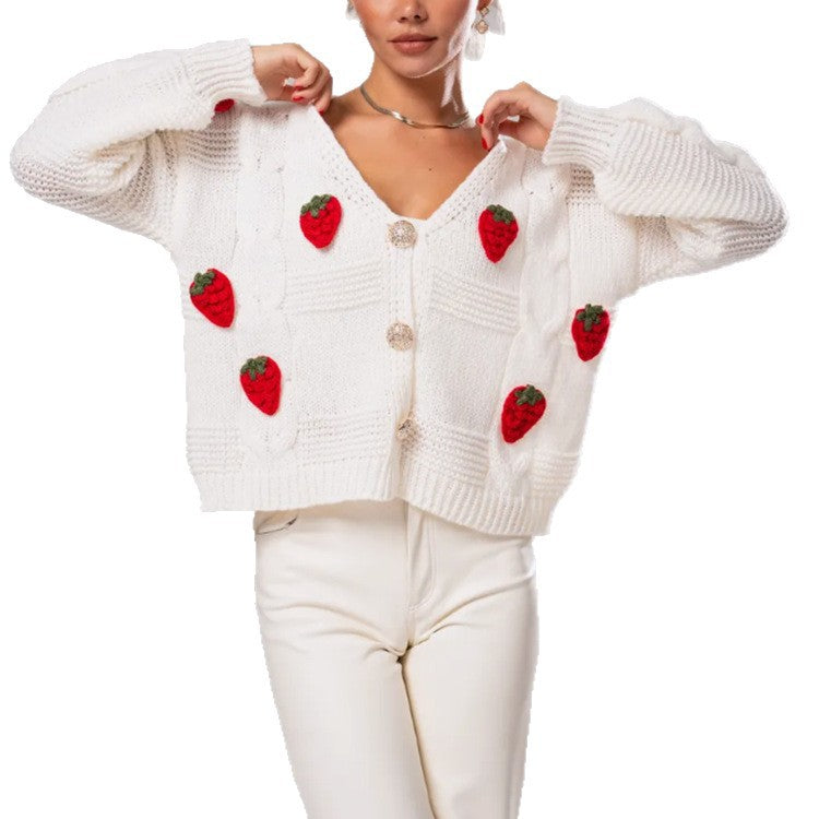 Damen Kurzgeschnittene Strickjacke mit V‑Ausschnitt und gehäkelten Erdbeerapplikationen EB