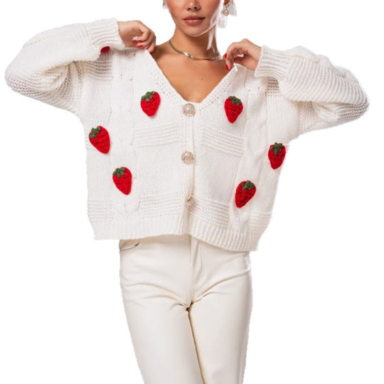 Damen Kurzgeschnittene Strickjacke mit V‑Ausschnitt und gehäkelten Erdbeerapplikationen EB
