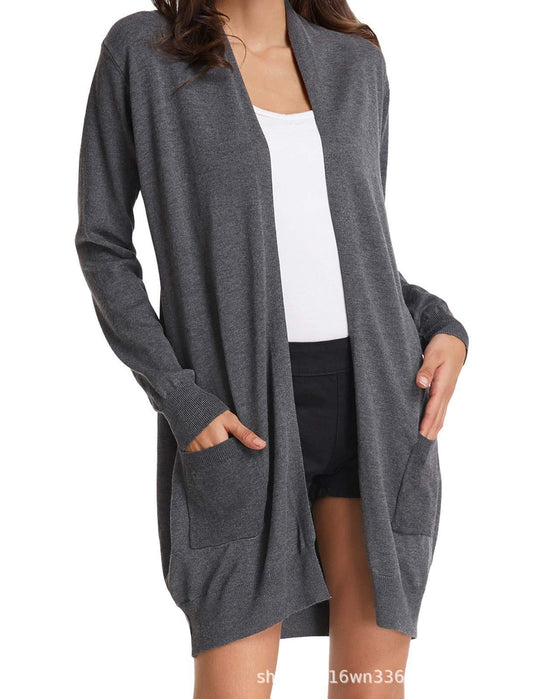 Damen Lange Strickjacke mit offenen Front und praktischen Taschen EB