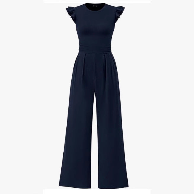 Damen eleganter Jumpsuit mit Puffärmeln und weitem Bein EB