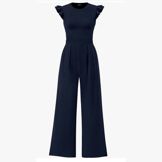 Damen eleganter Jumpsuit mit Puffärmeln und weitem Bein EB