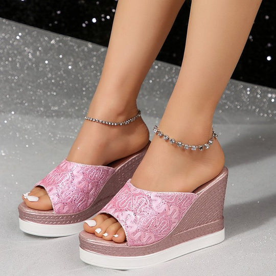 Damen Wedge-Pantoletten mit glitzerndem Obermaterial und komfortablem Fußbett EB