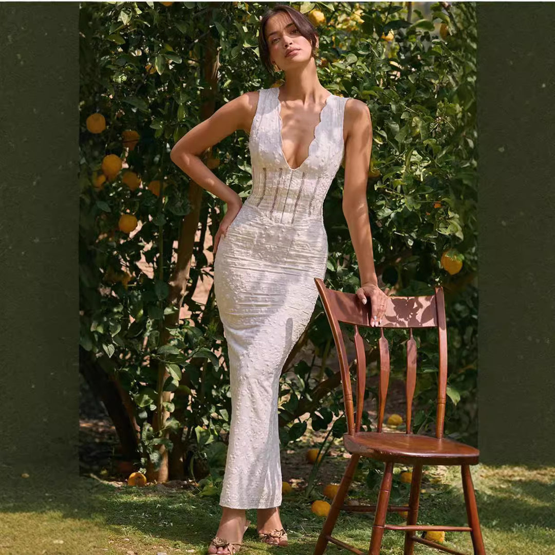 Damen Figurbetontes Spitzenkleid mit tiefem V-Ausschnitt und schimmernden Details EB
