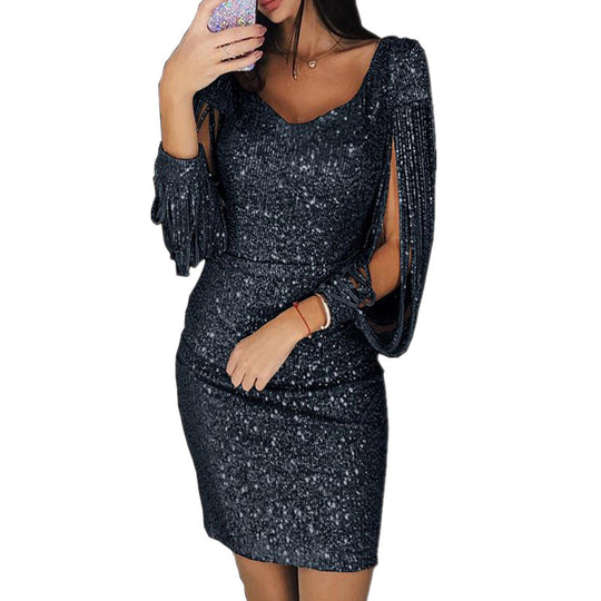 Damen Glitzerndes Cocktailkleid mit schimmernden Ärmeln EB