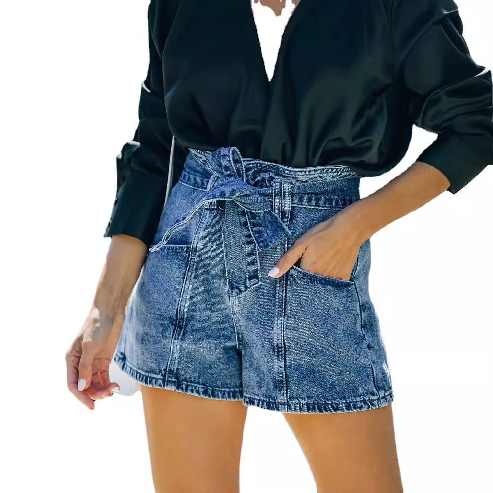 Damen Denim-Shorts mit hohem Bund und Taillengürtel EB