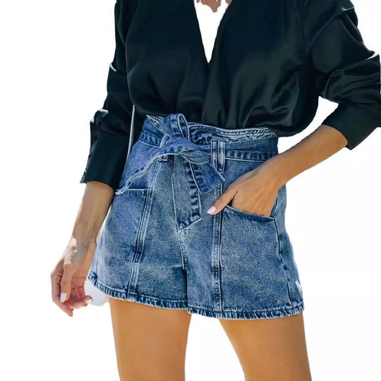 Damen Denim-Shorts mit hohem Bund und Taillengürtel EB