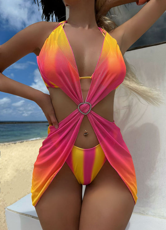 Damen Trendiges Zwei-in-Eins-Bikini-Set mit modischem Wickelrock EB