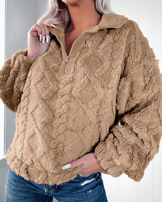 Damen nan Plüsch-Sherpa-Pullover mit halbem Reißverschluss, Stehkragen und oversized Silhouette EB