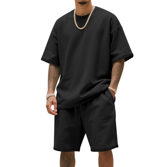 Herren nan entspannter Jersey-Set mit verlängertem Rundhals-T-Shirt und elastischen Kordelzug-Shorts EB