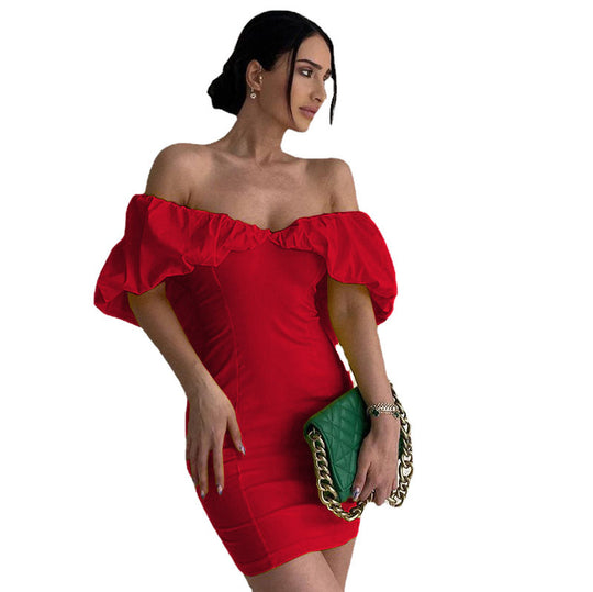 Damen Kurzarm Minikleid mit schulterfreiem Design und Rüschensaum EB