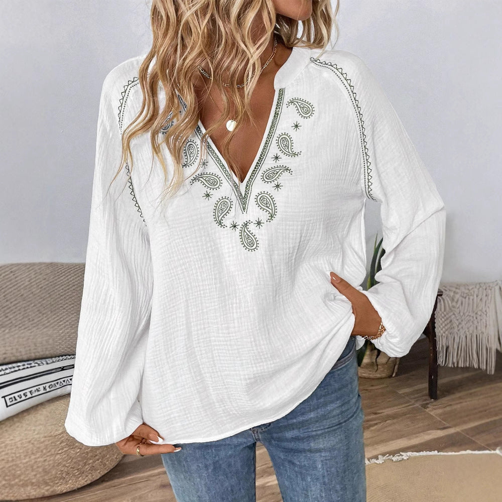 Damen nan bestickte Baumwoll-Gauze Tunika-Bluse mit ornamentaler V-Ausschnitt-Stickerei und Trompetenärmeln EB