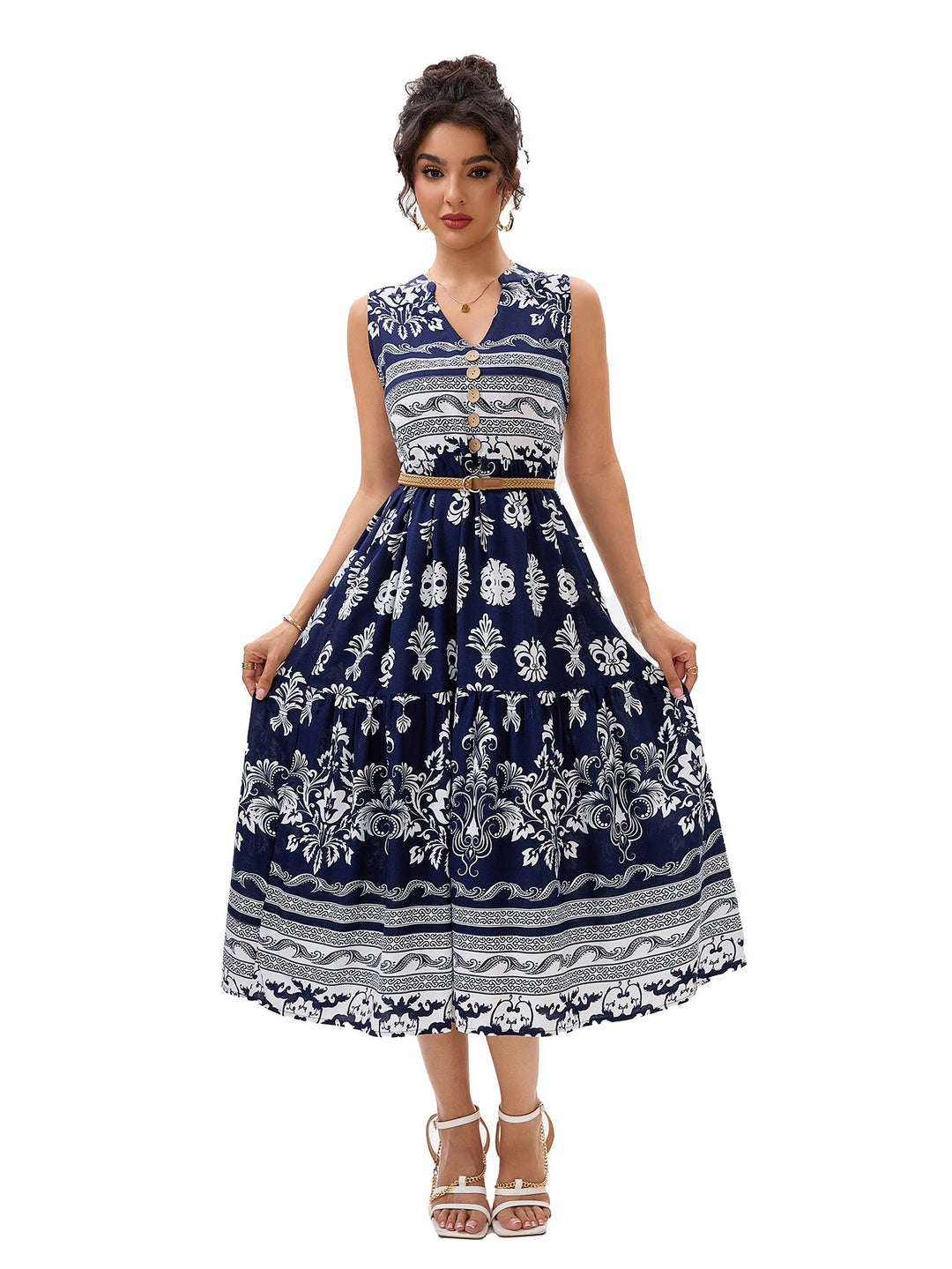 Damen Maxikleid mit dekorativem Knopfverschluss und floralem Muster EB