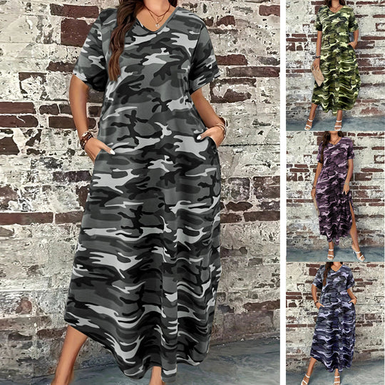 Damen Maxi-Kleid mit modernem Camouflage-Design und praktischen Taschen EB