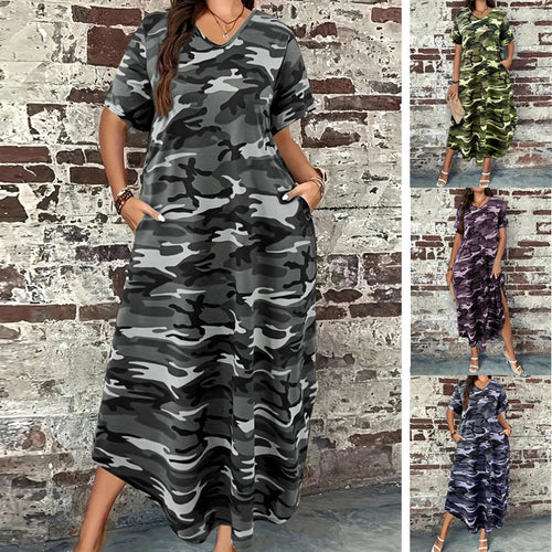 Damen Maxi-Kleid mit modernem Camouflage-Design und praktischen Taschen EB