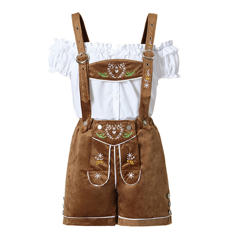 Damen nan Trachten-Latzhose Shorts mit filigraner Stickerei und verstellbaren Trägern EB
