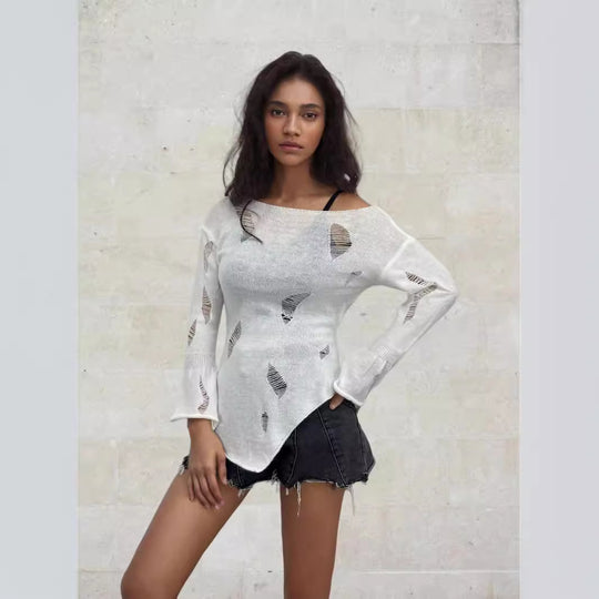 Damen Modischer Strickpullover mit dezenten Lochmuster und lässigem Schnitt EB