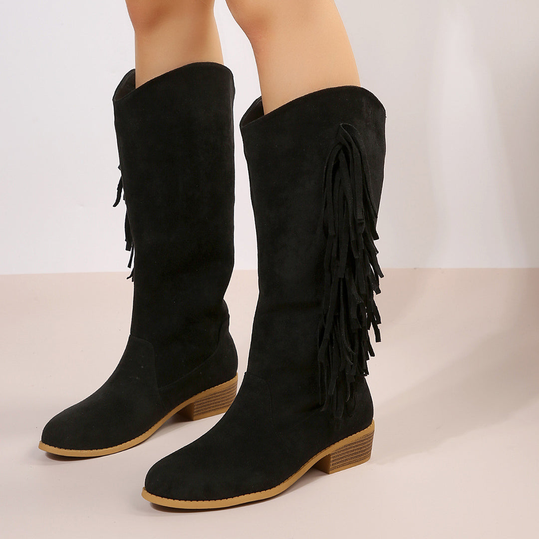 Damen knielange Wildlederimitat-Stiefel mit langen Fransen, mittlerem Blockabsatz und gepolstertem Komfortfußbett EB