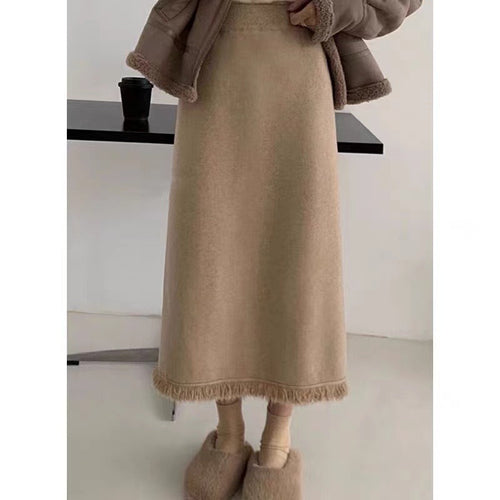 Damen Modischer Midi-Rock mit Fransensaum EB