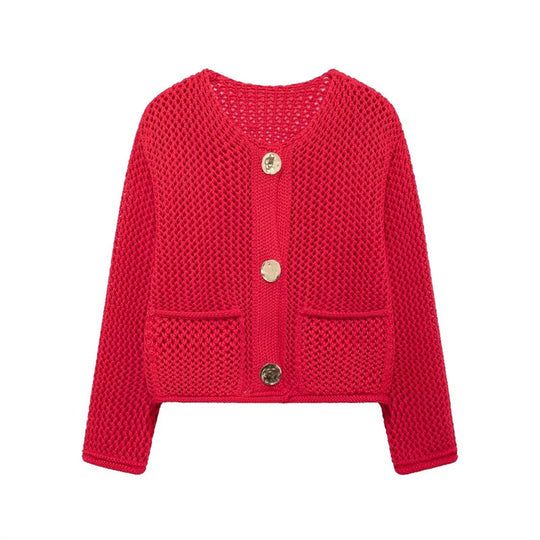 Damen luftige Strickjacke mit durchbrochenem Muster und praktischen Taschen EB
