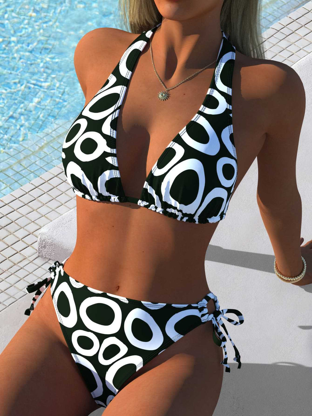 Damen Triangel-Bikini mit modernem Ringmuster und verstellbaren Seitenschnüren EB