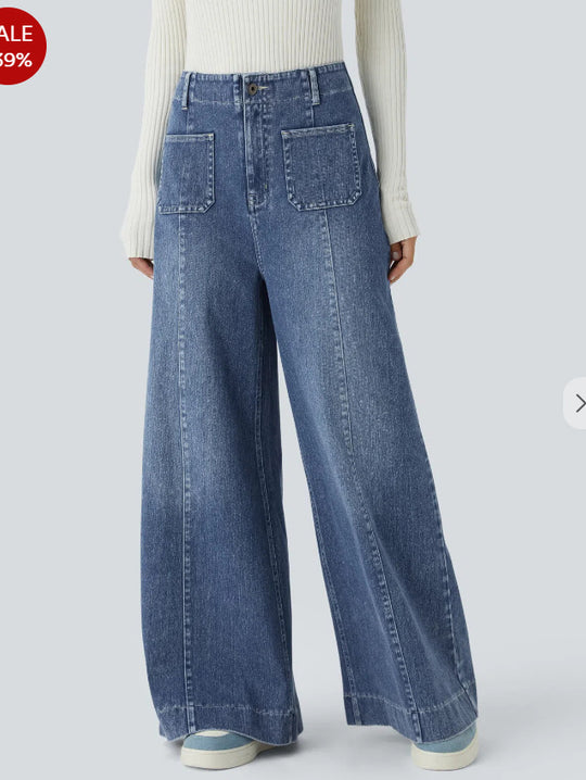 Damen Weitgeschnittene Denim-Hose mit hohen Bund und großen Taschen EB