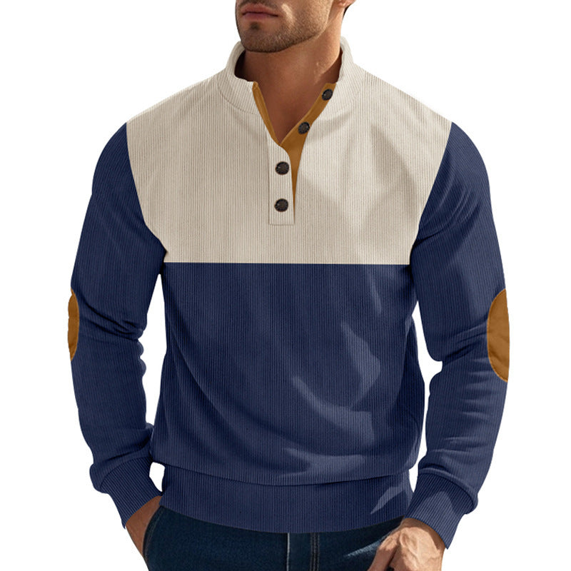 Herren nan Rippenstrickpullover mit Stehkragen Knopfleiste und Leder-Ellbogenpatches EB